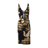 2006 runway Bird & Floral Print Stretch Silk Midi Dress