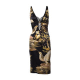 2006 runway Bird & Floral Print Stretch Silk Midi Dress