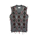 Distressed argyle knit cut out vest