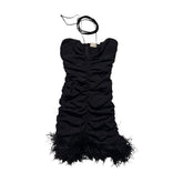 Feathered trim silk tie dress
