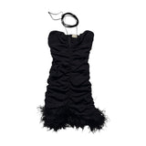 Feathered trim silk tie dress