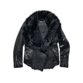 Fur detailed zip leather jacket