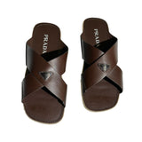 Crisscross raffia leather logo sandal