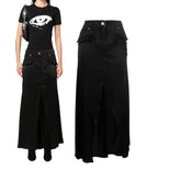 Denim trim satin maxi slit skirt