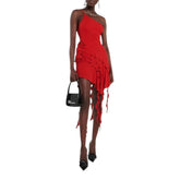 Rose appliqué One shoulder ruffled dress