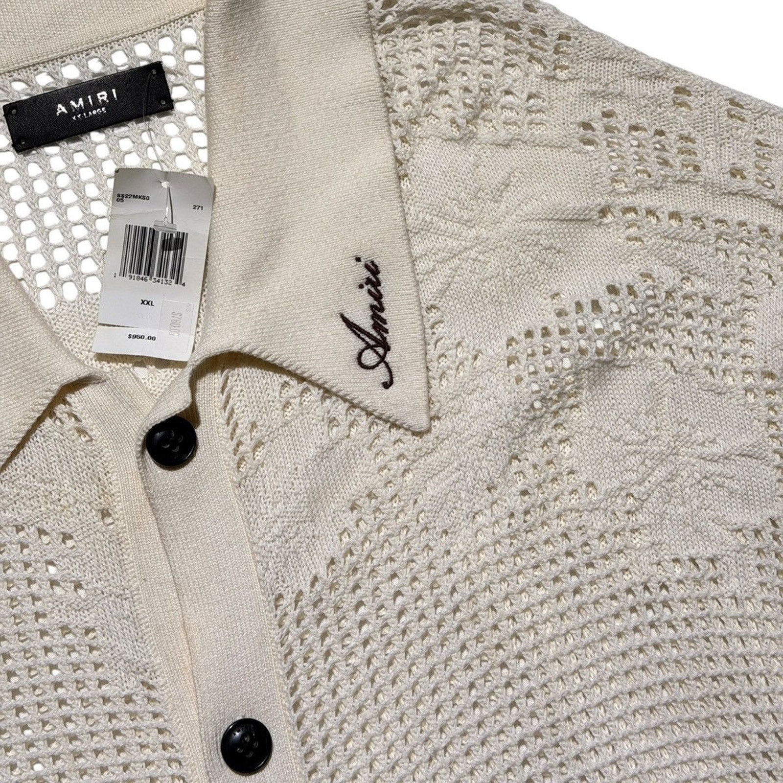Cashmere crochet mesh button down