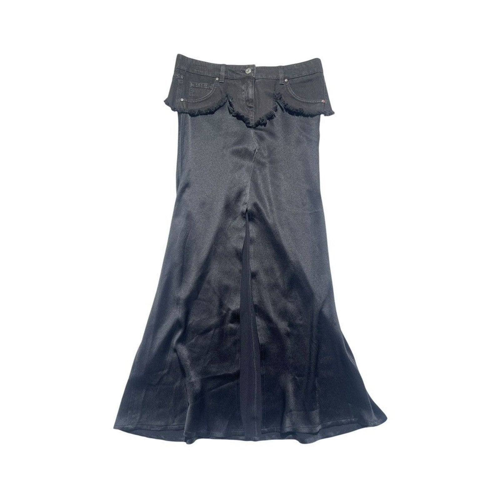 Denim trim satin slit maxi skirt