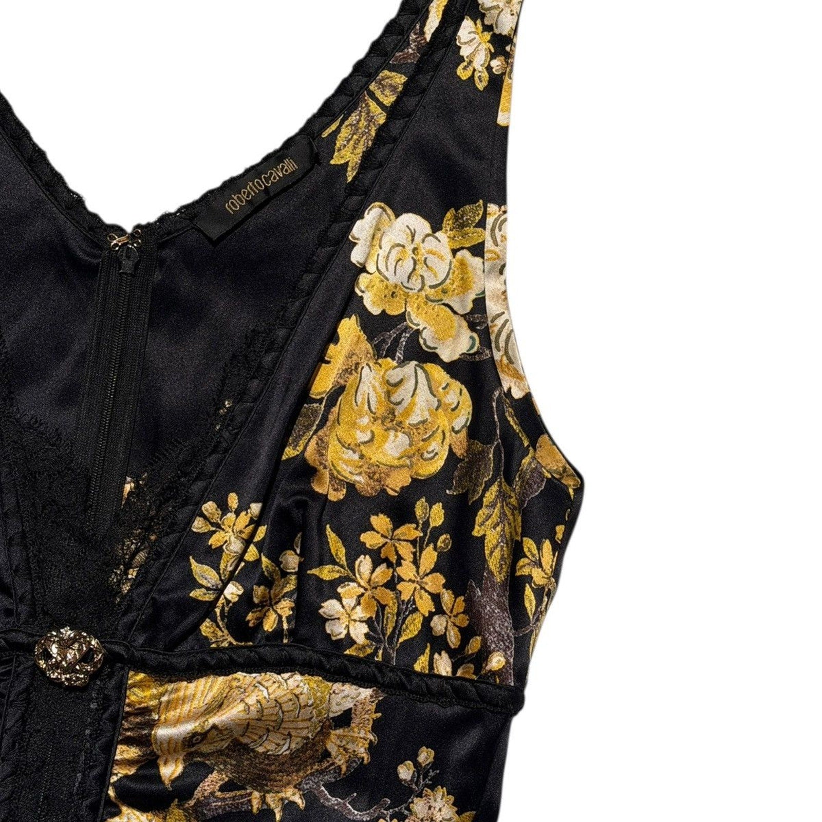 2006 runway Bird & Floral Print Stretch Silk Midi Dress