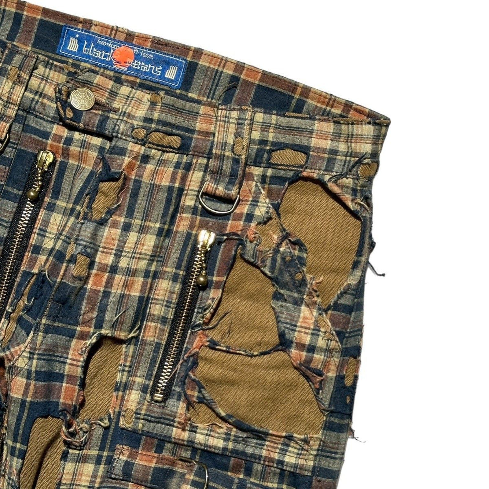 Shredded Boro patchwork plaid cropped cargo denim