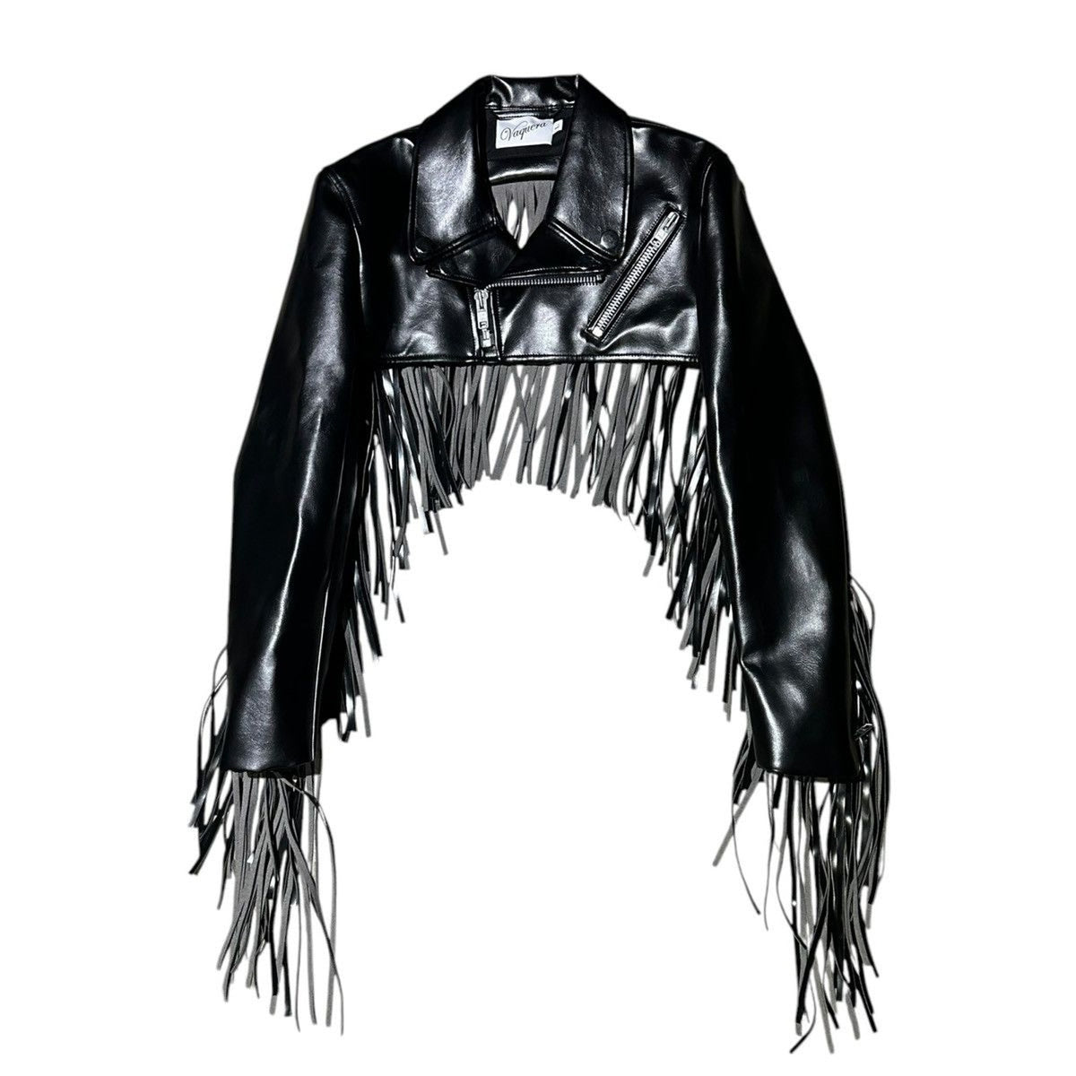 Faux leather cropped fringe biker jacket