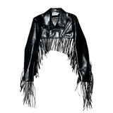 Faux leather cropped fringe biker jacket