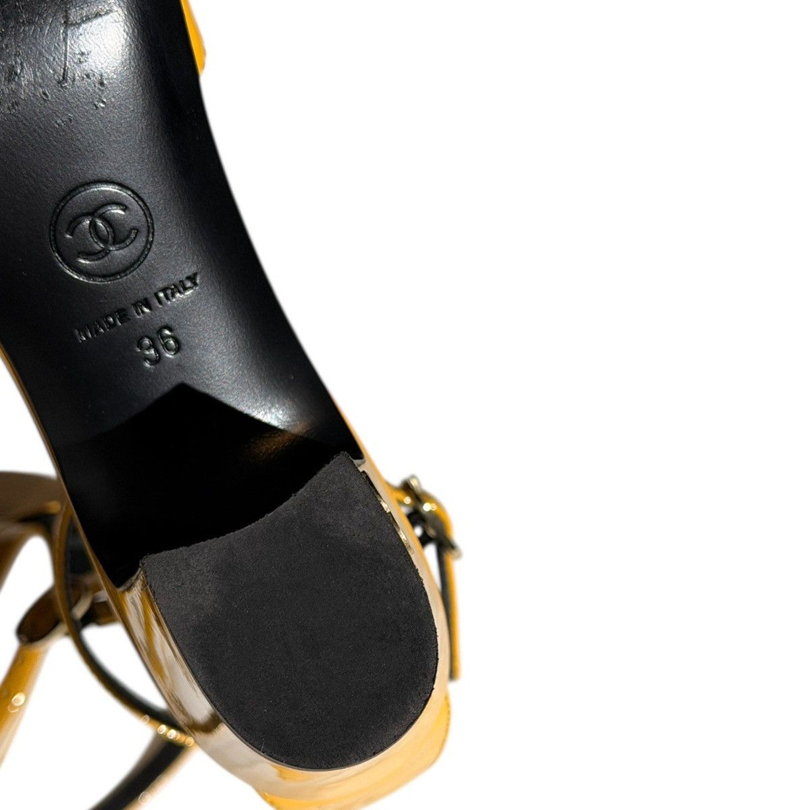Patent leather ankle strap logo heel