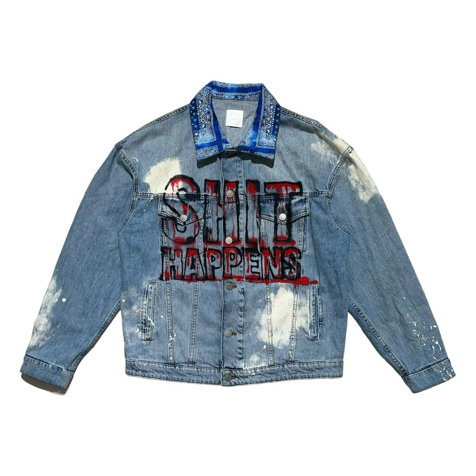 Oversized “shit happens” denim jacket