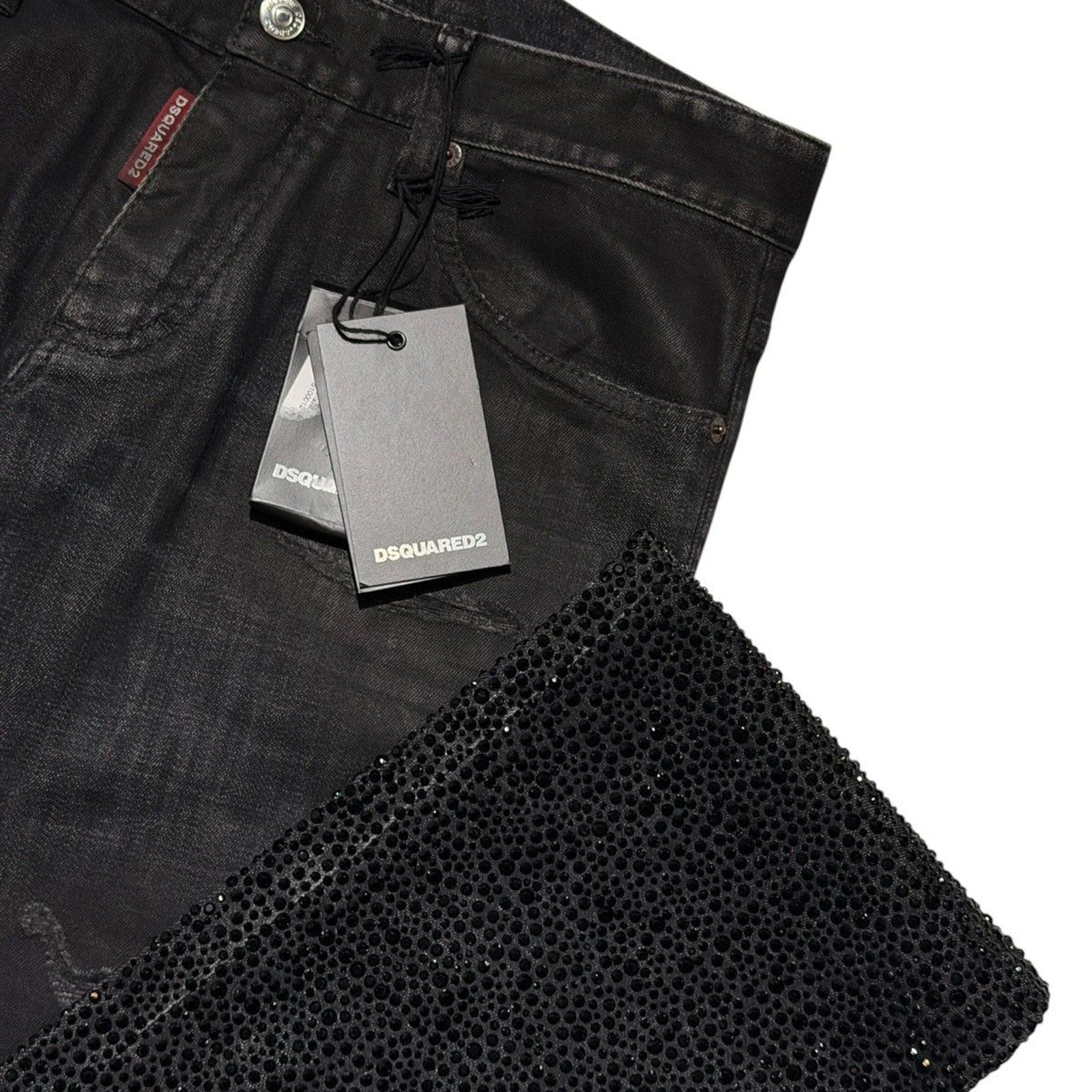 Crystal embellished waxed denim