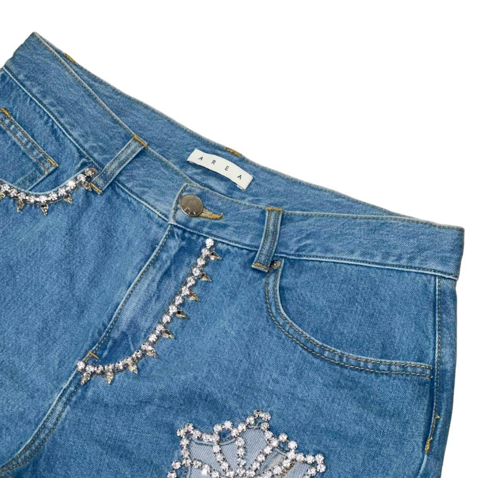 Crystal embellished cut out denim shorts