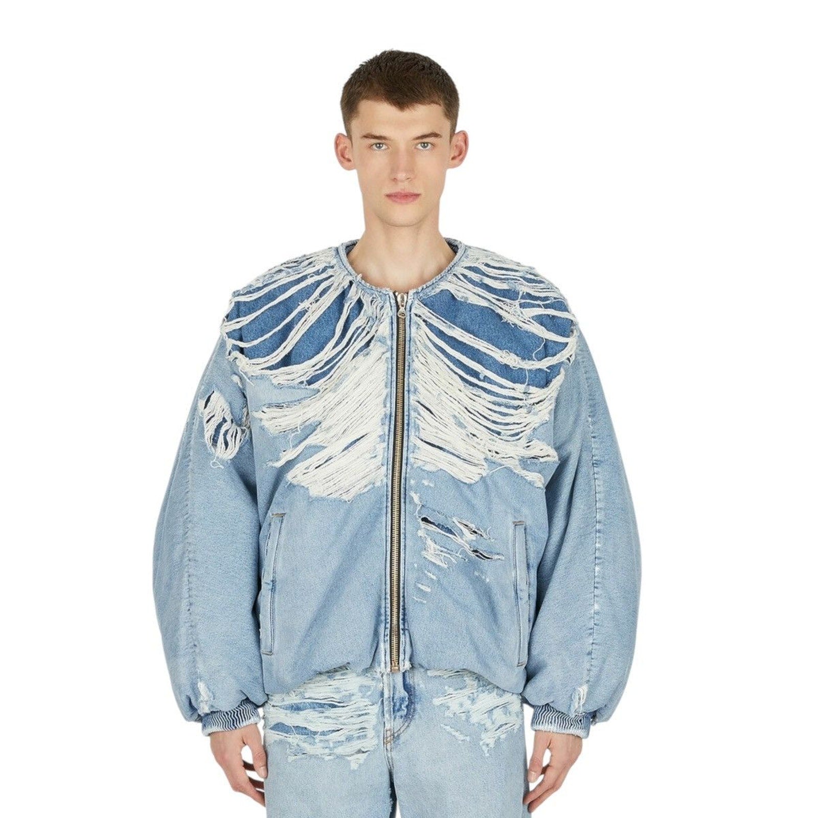 oversized shredded denim “Day-C bomber”