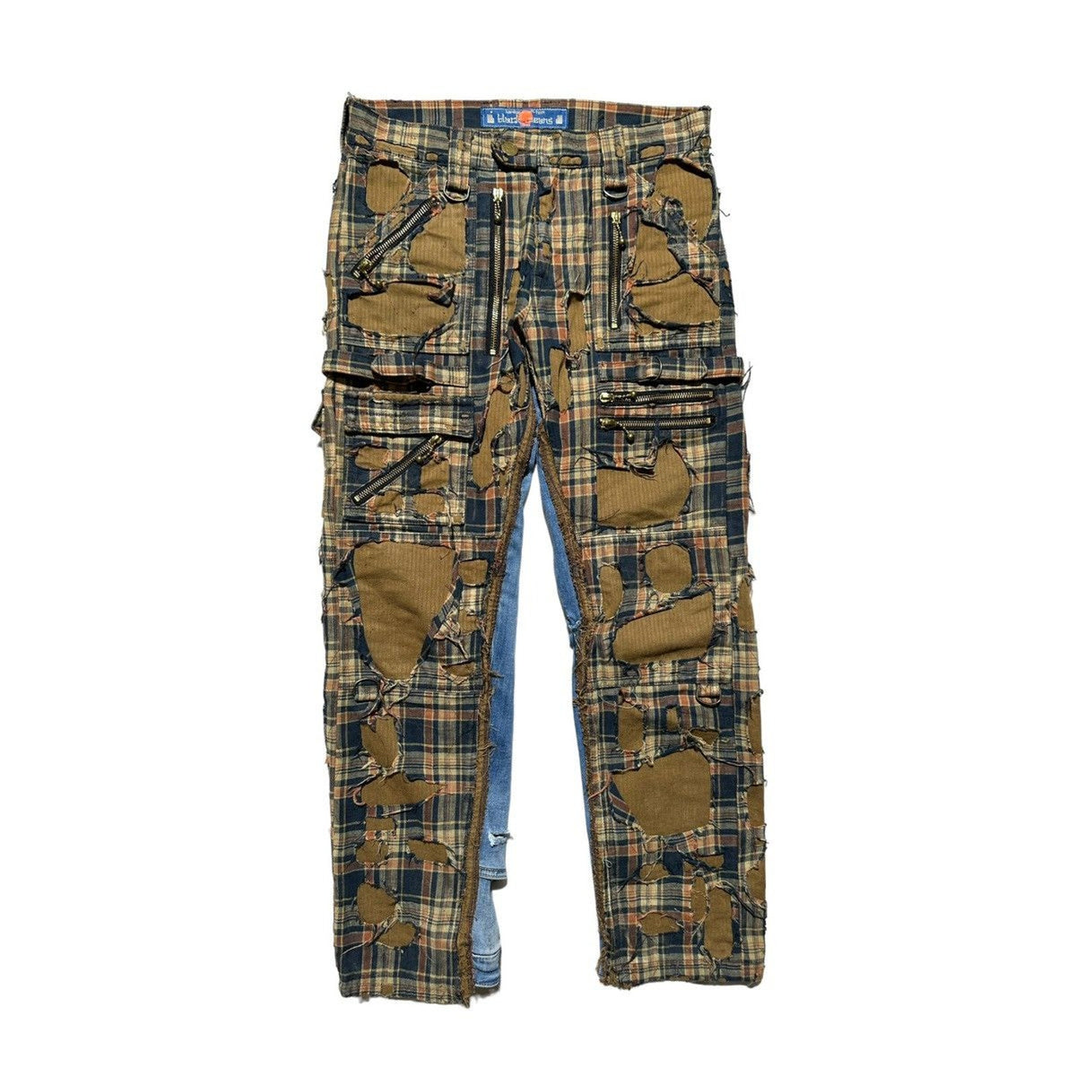 Shredded Boro patchwork plaid cropped cargo denim