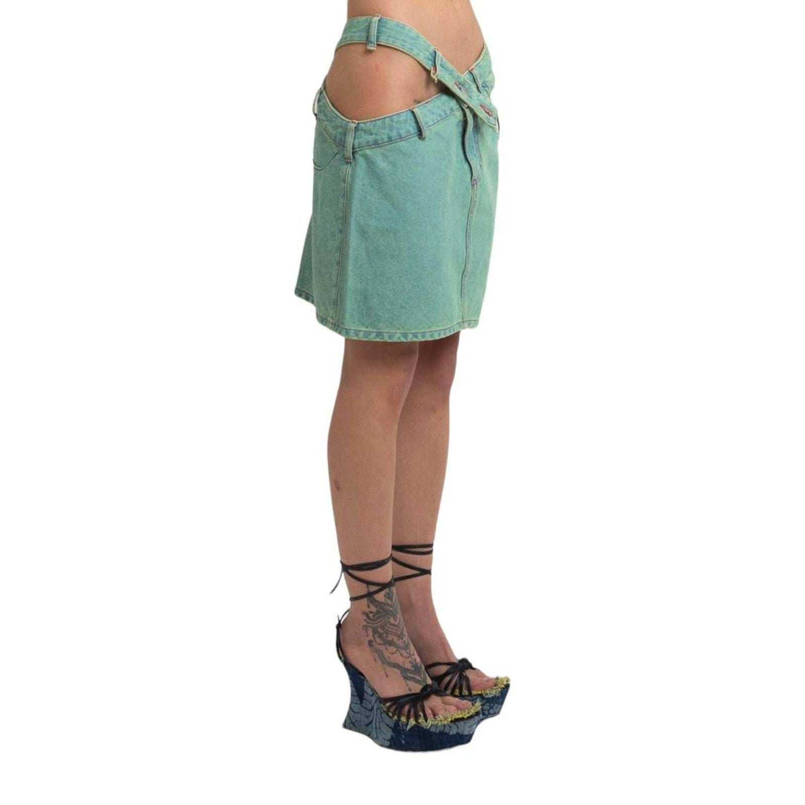 Asymmetric jade jeans cut out heart skirt