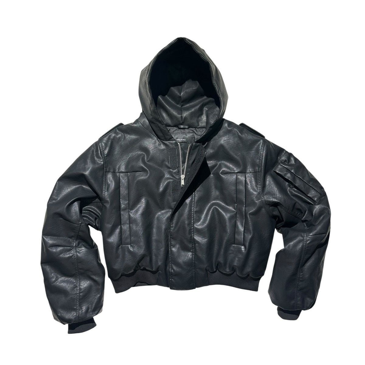 Leather look hooded bomber