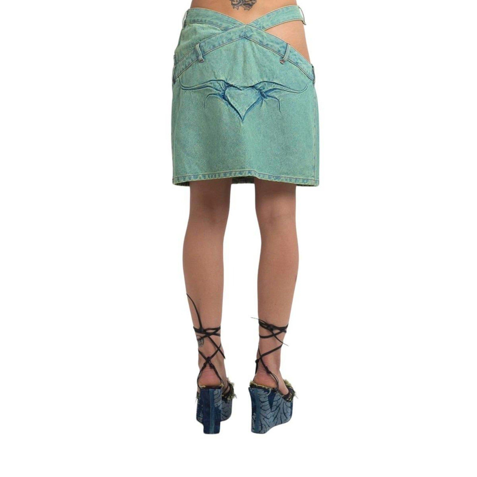 Asymmetric jade jeans cut out heart skirt