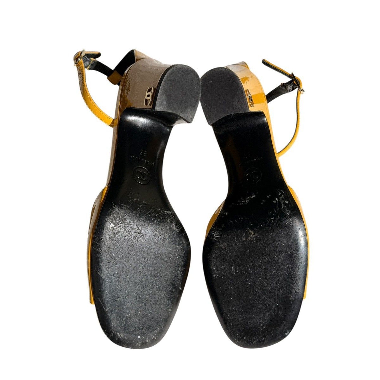 Patent leather ankle strap logo heel