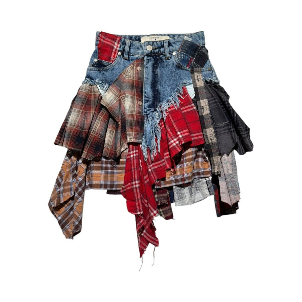 Asymmetric deconstructed ruffled flannel skirt