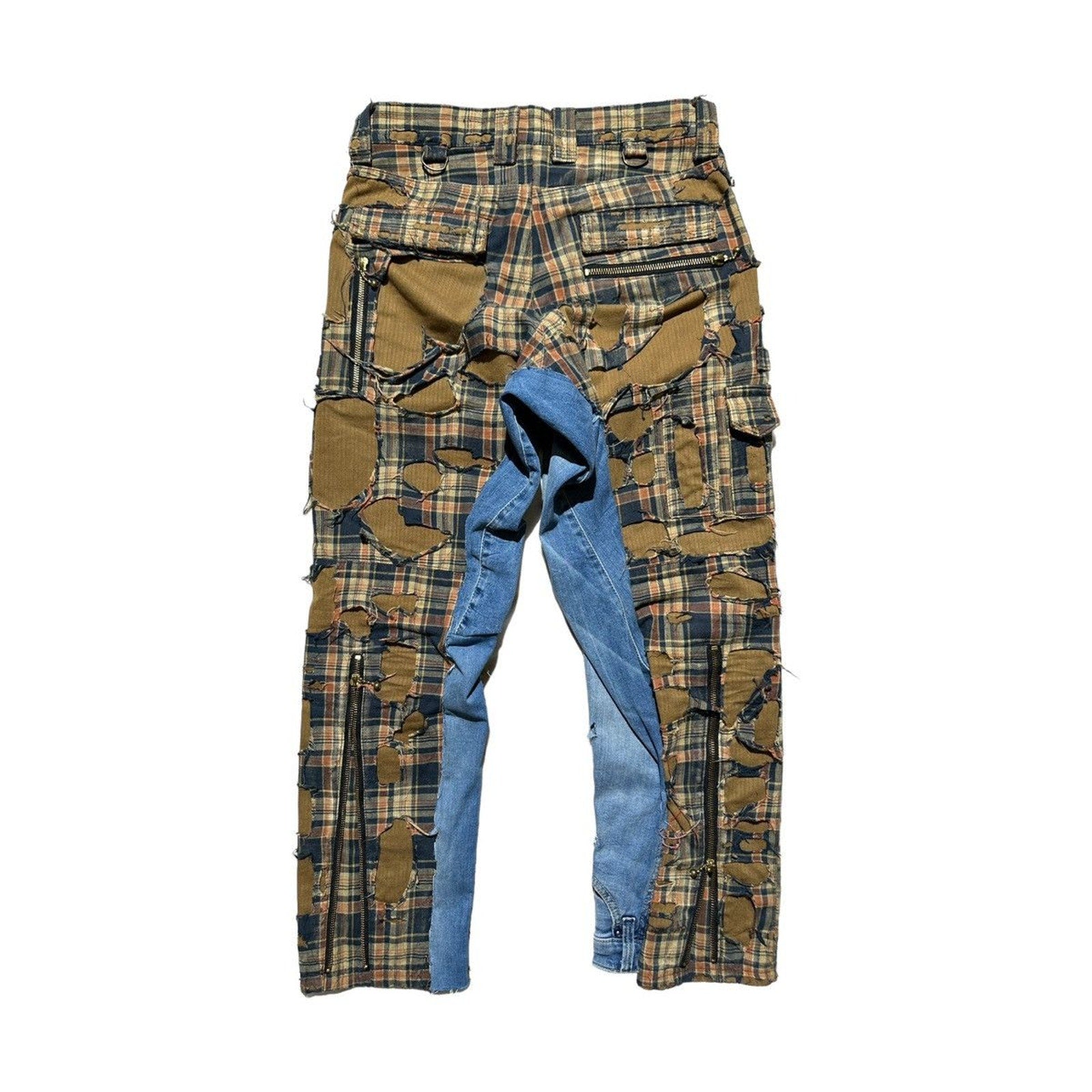 Shredded Boro patchwork plaid cropped cargo denim