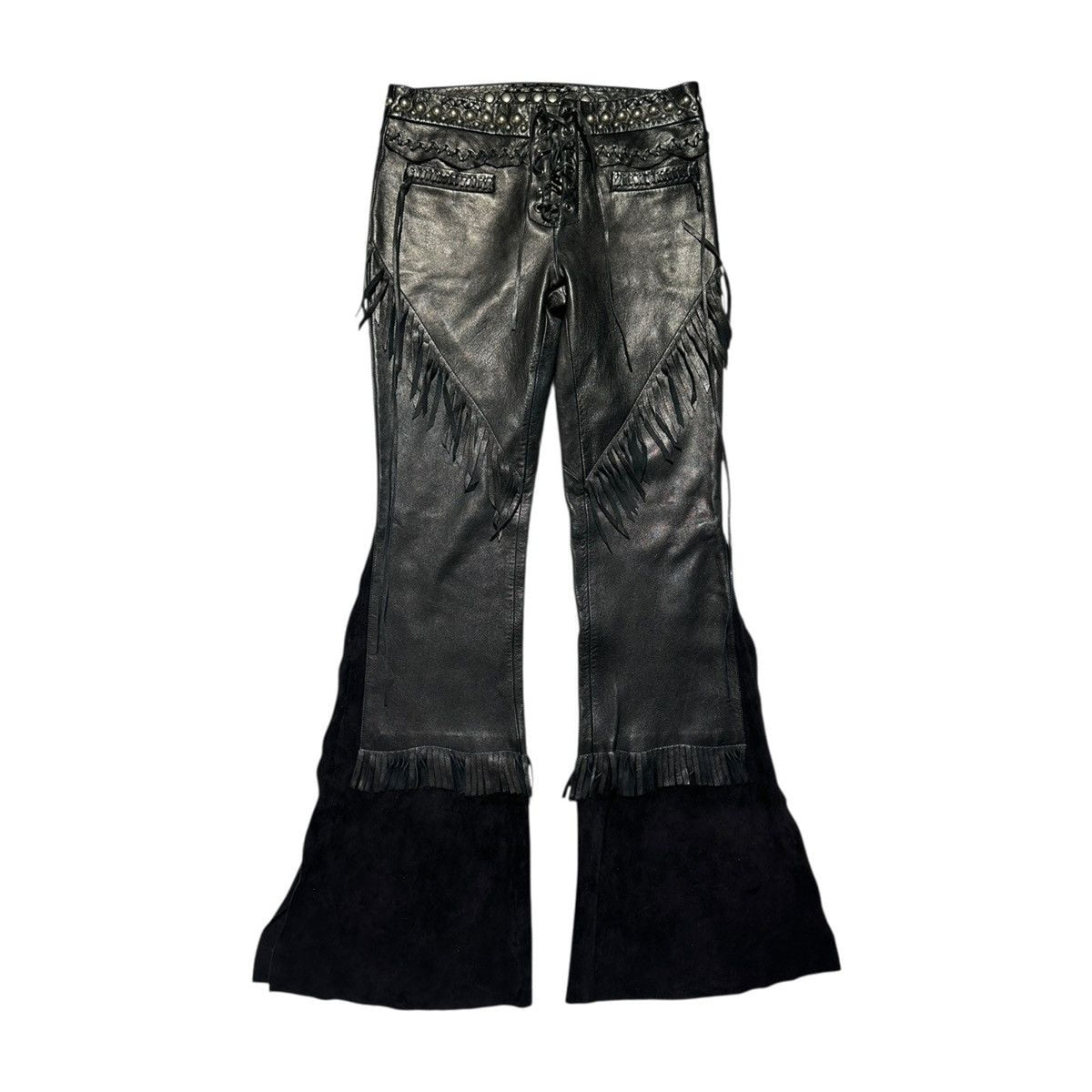 Leather fringe flared studded pants