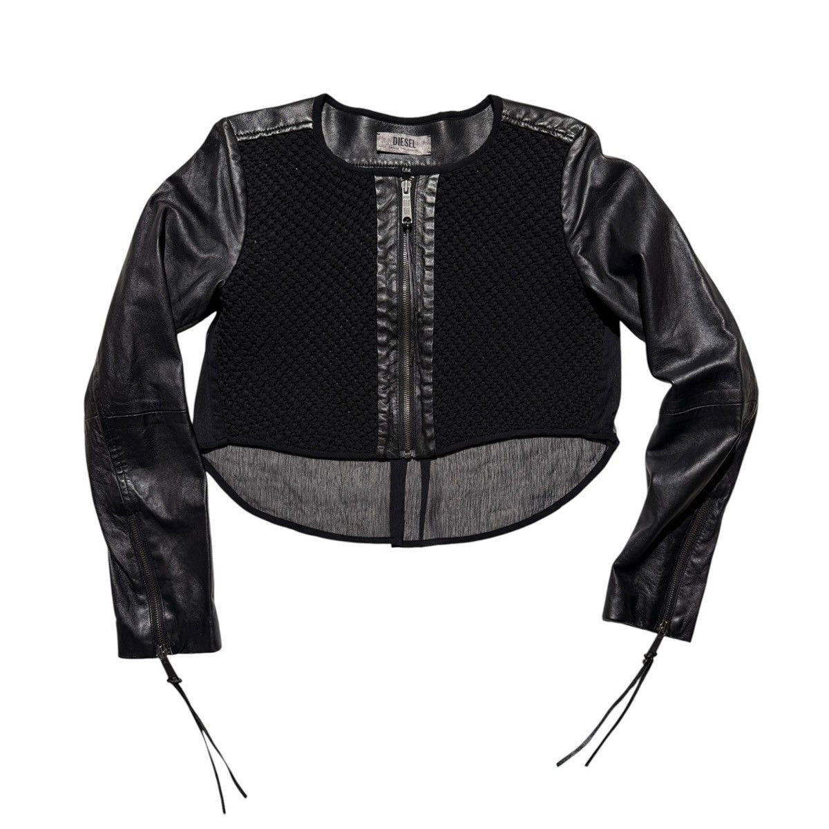 Sheer back woven leather sleeve jacket