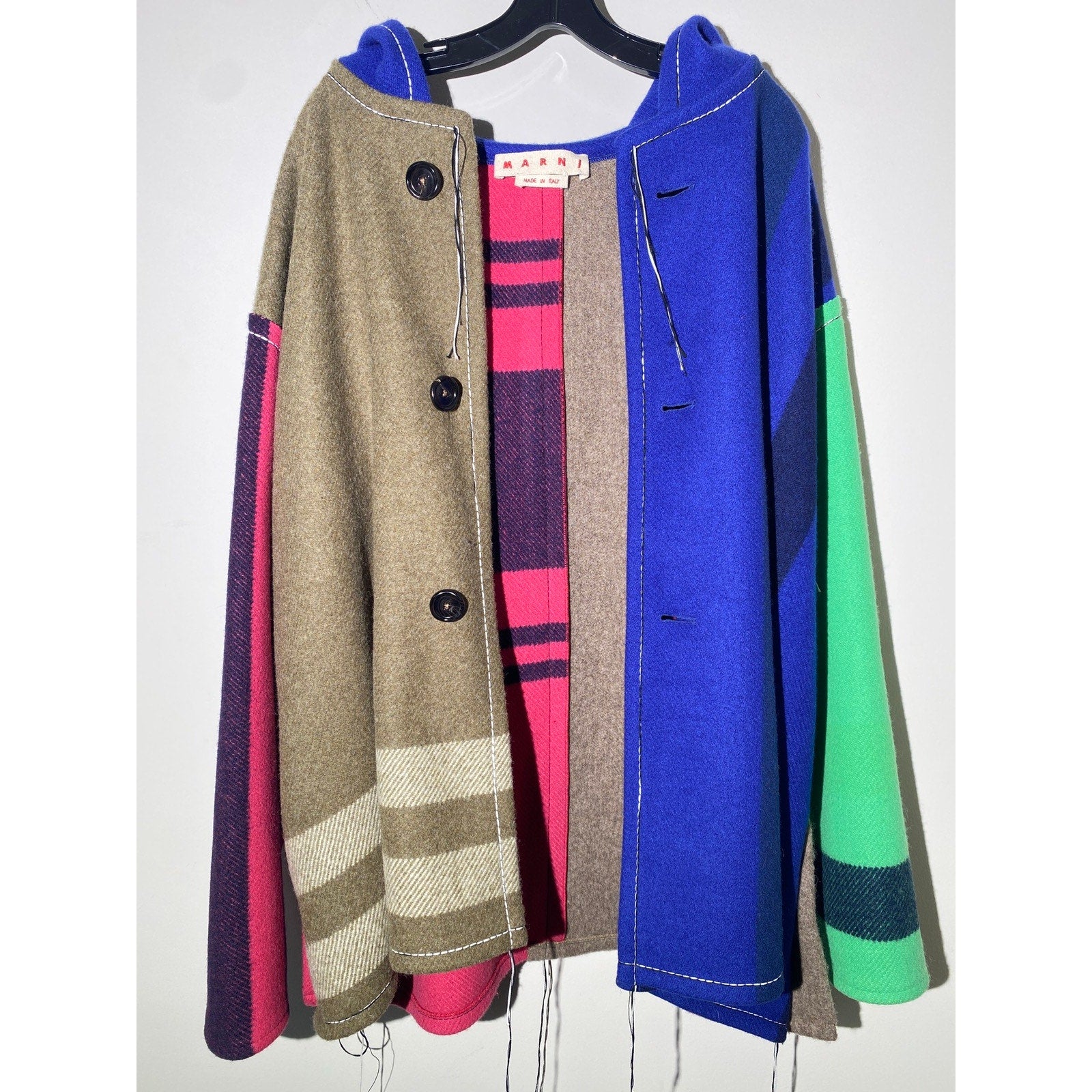 Hooded patchwork wool fringe coat