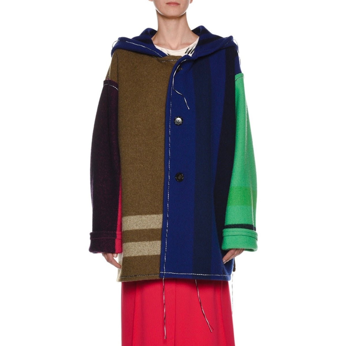 Hooded patchwork wool fringe coat