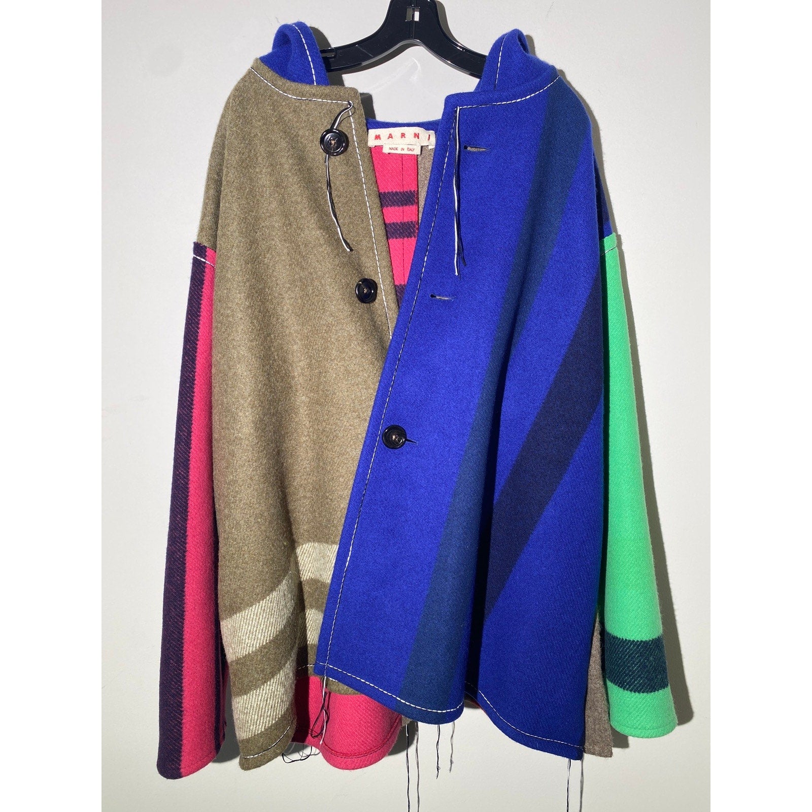 Hooded patchwork wool fringe coat