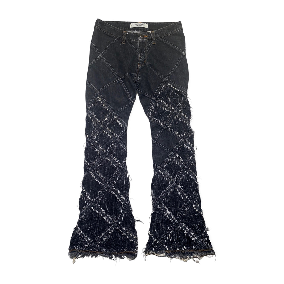 flared shredded diamond denim