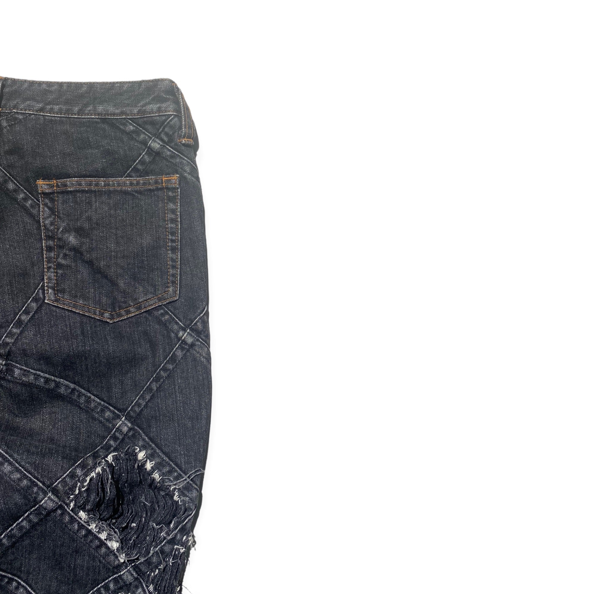 flared shredded diamond denim